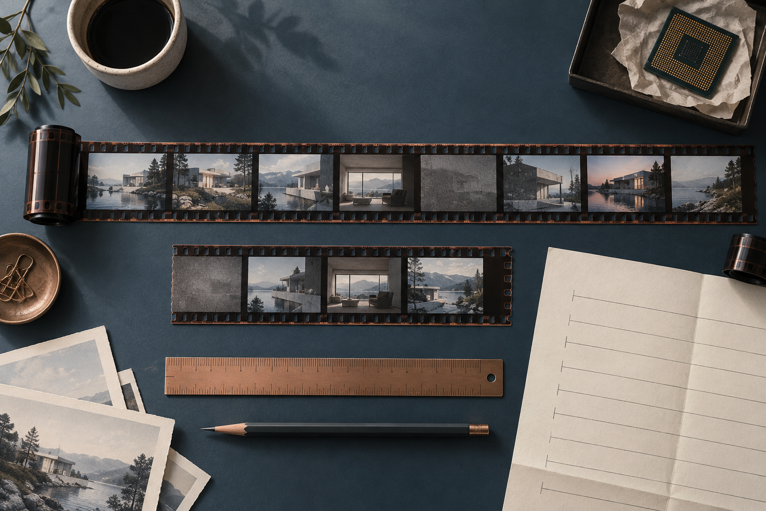 An editorial study of a compute task film reel and measured workstation notes